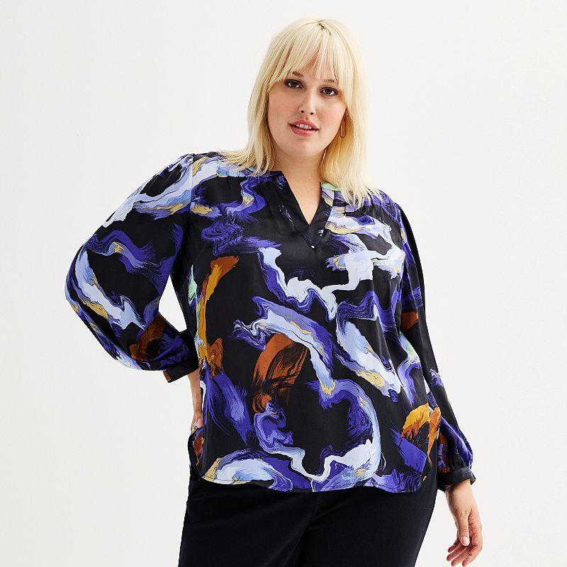 Plus Size Nine West Y-Neck Pintuck Satin Blouse