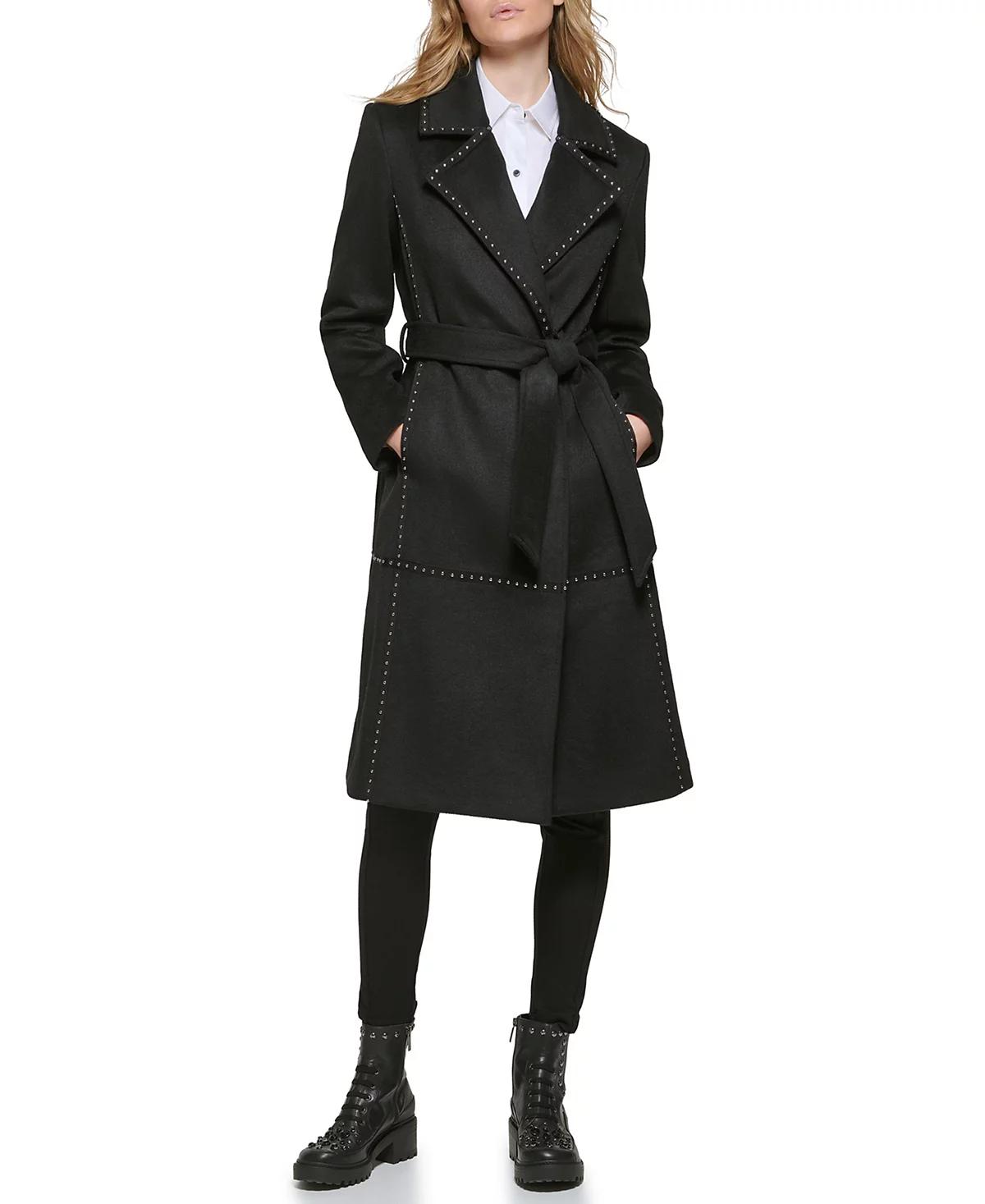 KARL LAGERFELD PARIS Women's Studded Belted Wrap Coat