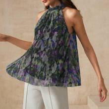 Spring Summer Light Thin Fairy Stand Neck OpenShoulder TiedNeck Sleeveless Loose Casual Vacation Tank Top